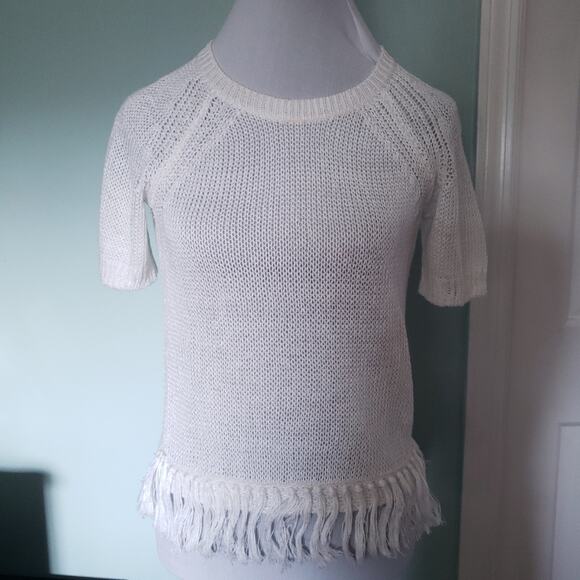 J. Crew 100% Linen Open Knit Sweater, Fringe Bottom, White XXS, Short Sleeve - Picture 10 of 10